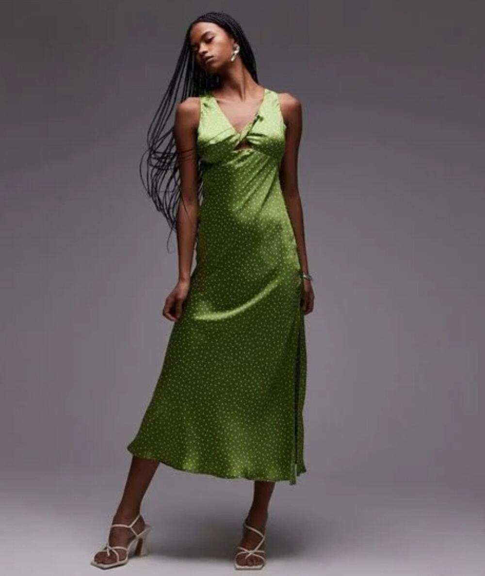 Topshop Green Satin Polka Dot Maxi Dress Size 4 NWT